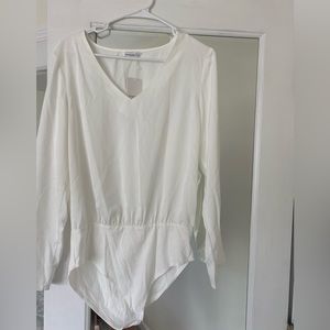 White V Neck Satin Long Sleeve Bodysuit L